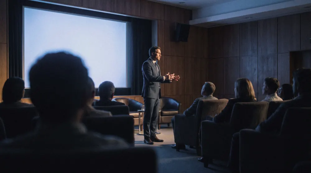 Un relatore parla a un piccolo gruppo di dirigenti in un auditorium raccolto, con le pareti in legno.